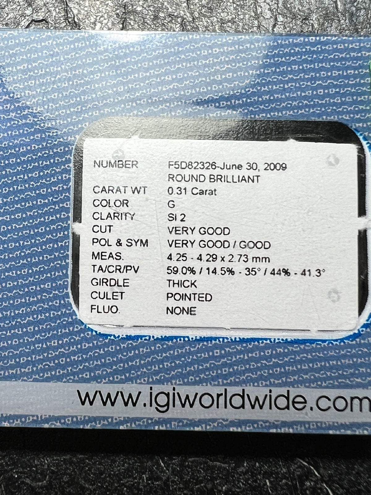 Diament G/SI2 0,31 ct IGI